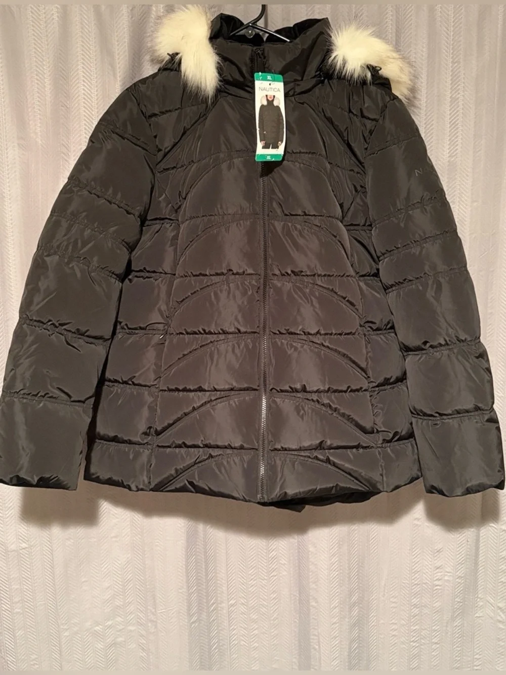 Nautica Black Quilted Puffer Coat with Faux Fur Hood Trim